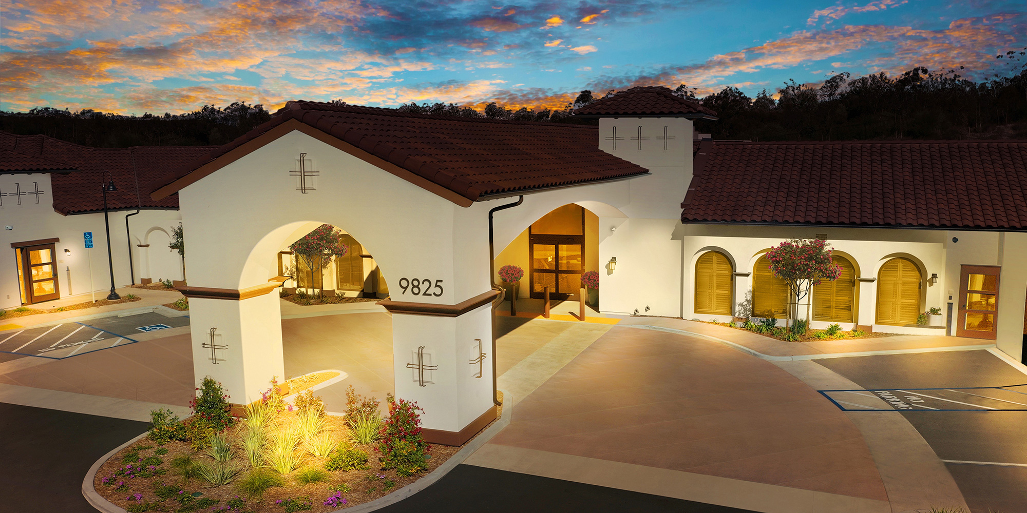 Front of the Ridgeview facility at sunset
