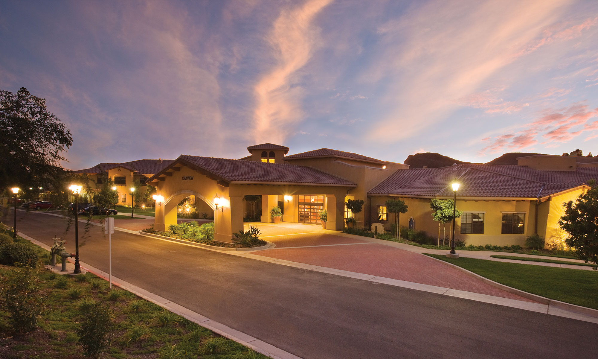 Oakview 2000x1200 2 Front of Oakview Health Center at dusk with purple sky