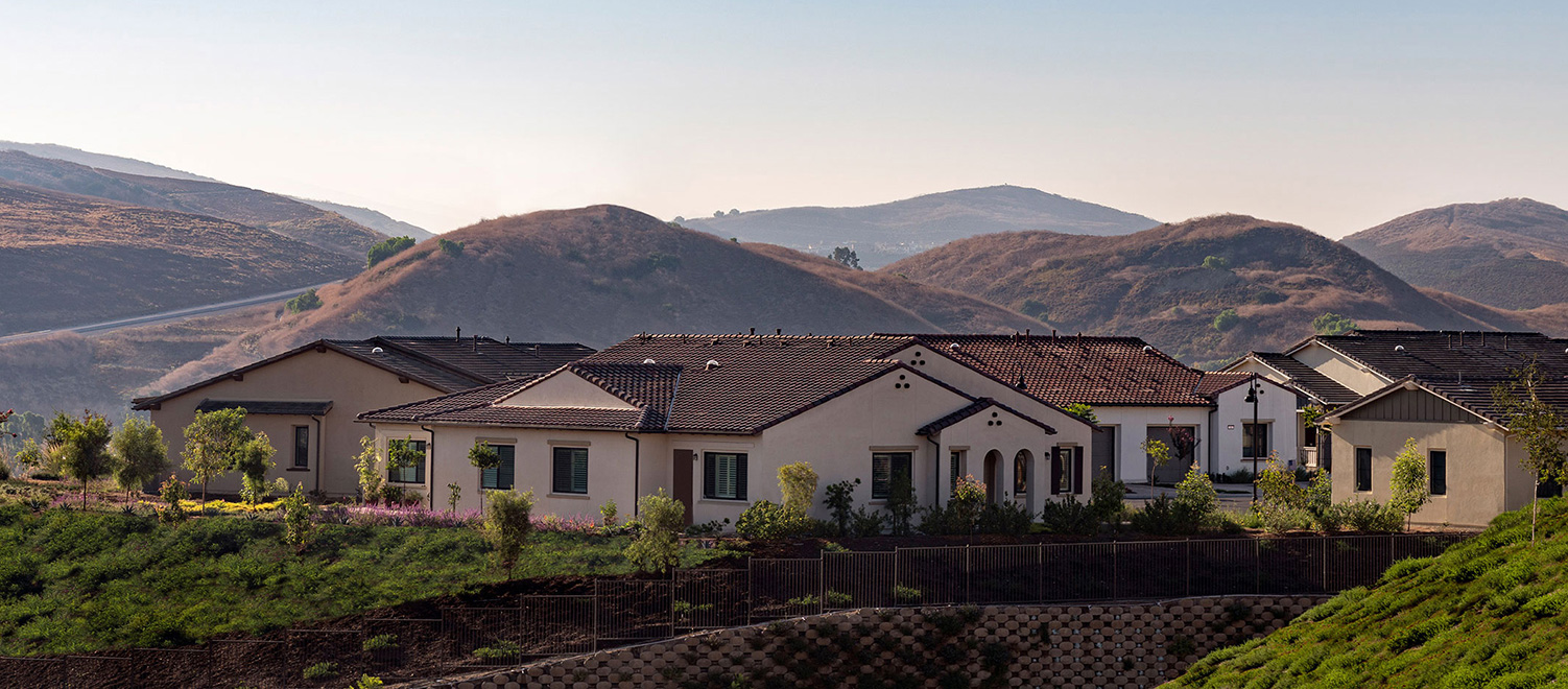 Residential homes nestled on a grass-filled hillside.