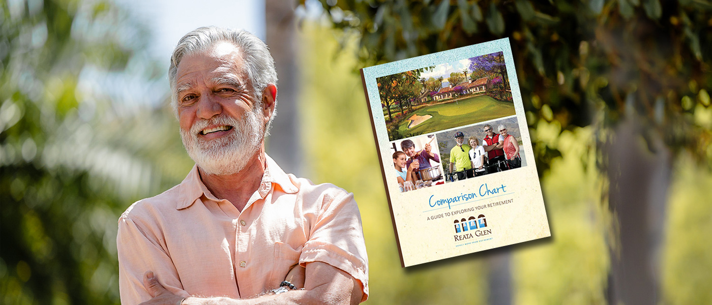 A resident standing outside smiling. The cover of a "Comparison Chart" brochure