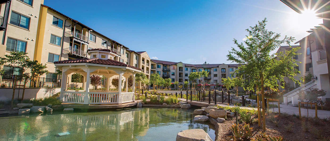 Courtyard with gazebo and pond at The Glen at Scripps Ranch