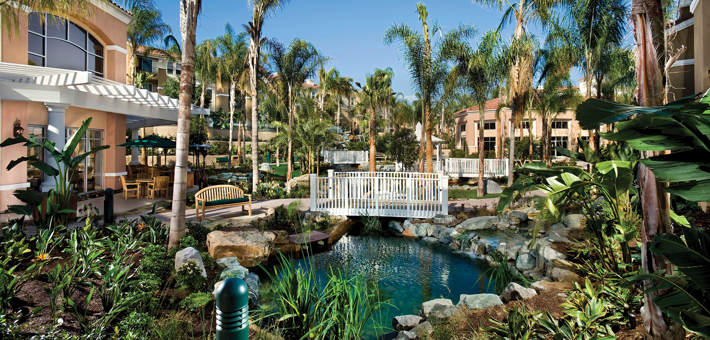 Water feature and bridge at La Costa Glen