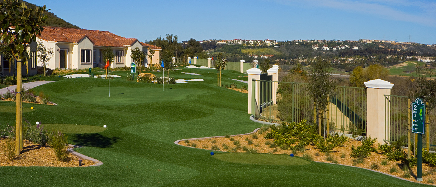 Golf putting green and a pretty nature view at La Costa Glen