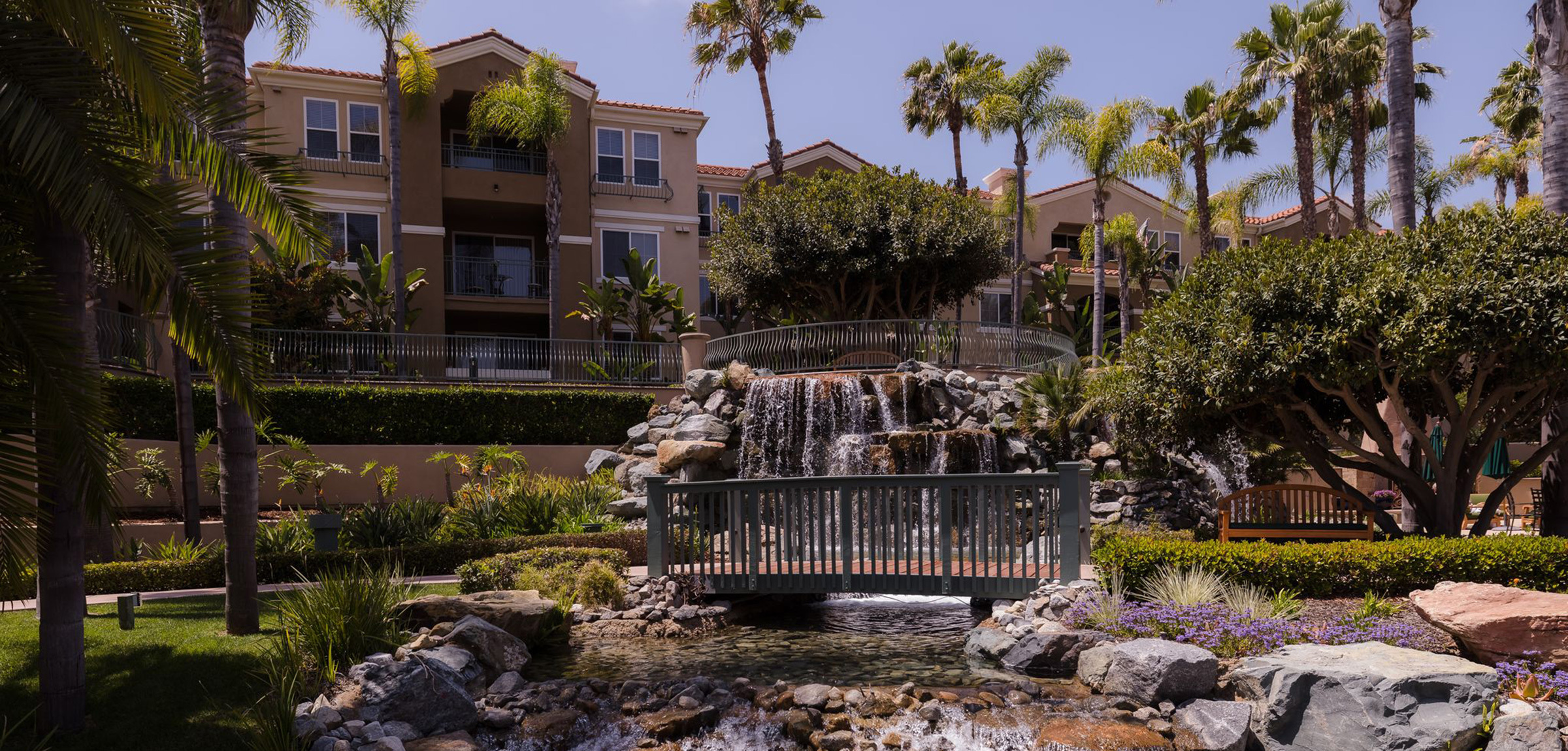 A fountain water feature on the grounds of La Costa Glen