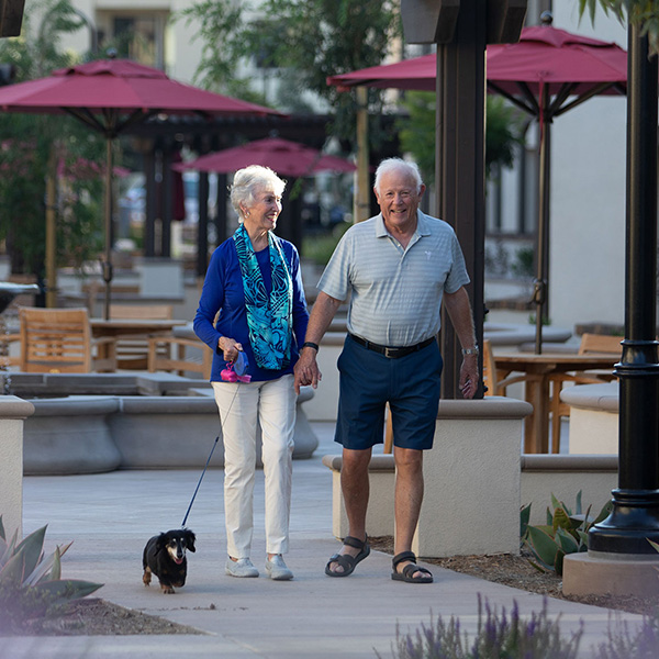 An elderly couple walking their dog