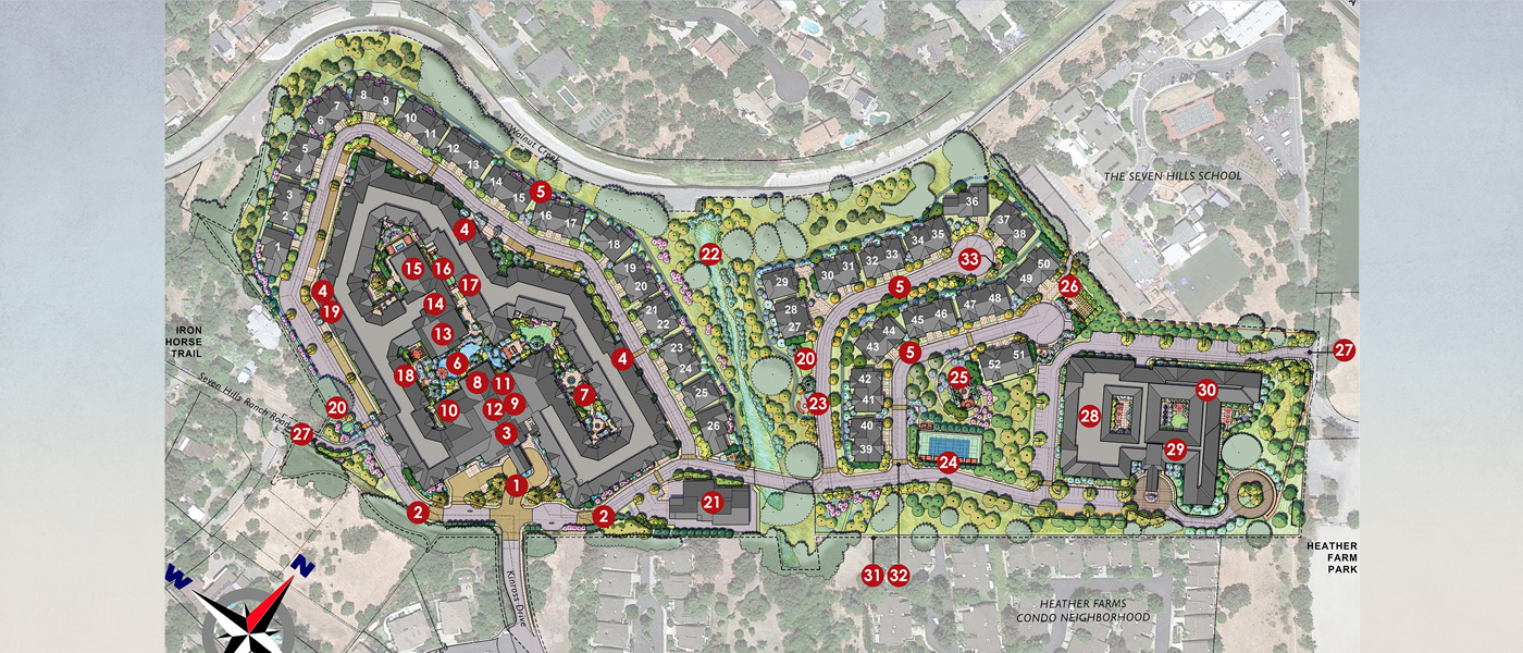 Overhead view of a campus map rendering of Heather Farm