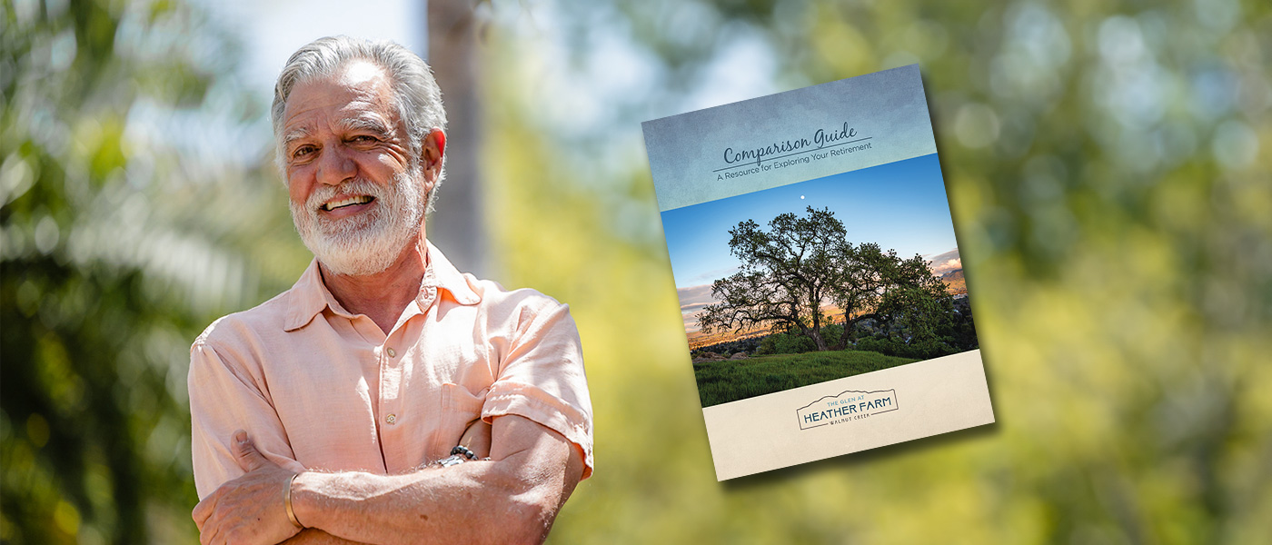heatherfarm-1400x600-7 A mature man smiling with his arms crossed, and a Comparison Guide brochure superimposed over the out of focus background