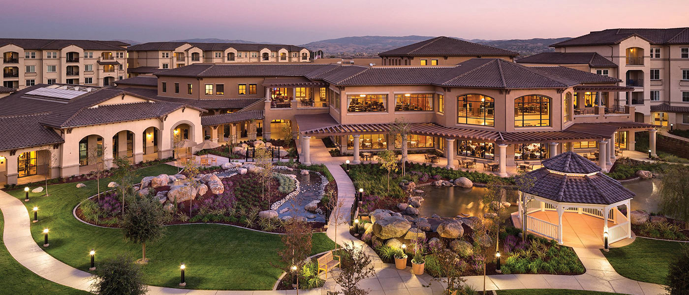 The courtyard and water feature at dusk