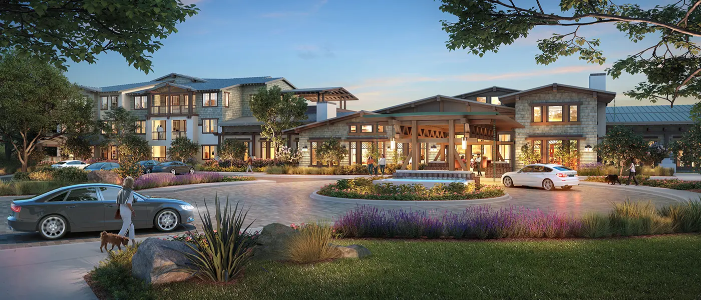 photo-real rendering of the front of the new heather Farm clubhouse in Walnut Creek