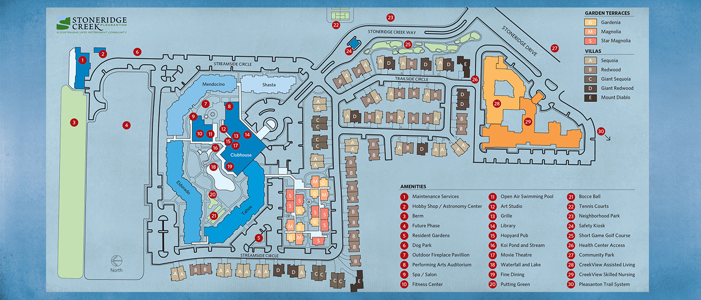 Stoneridge Creek site plan with markers for amenities